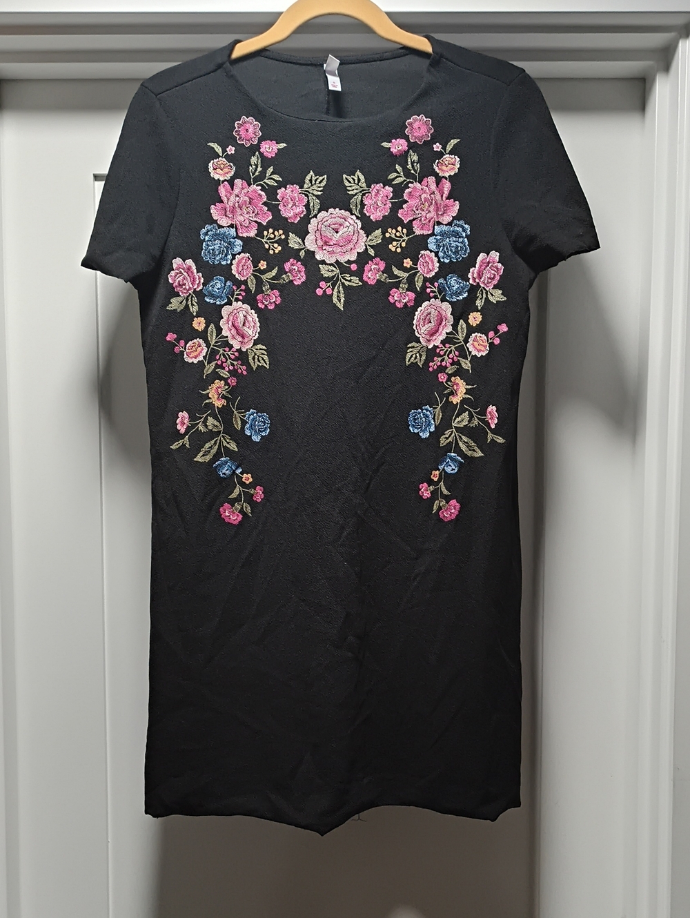 Xhilaration Black Short Sleeve Dress with Pink & Blue Floral Embroidery